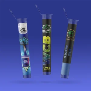 custom labeled blue pre roll poptops